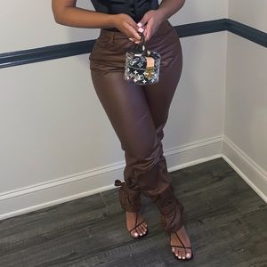 Brown tied hem leather pants